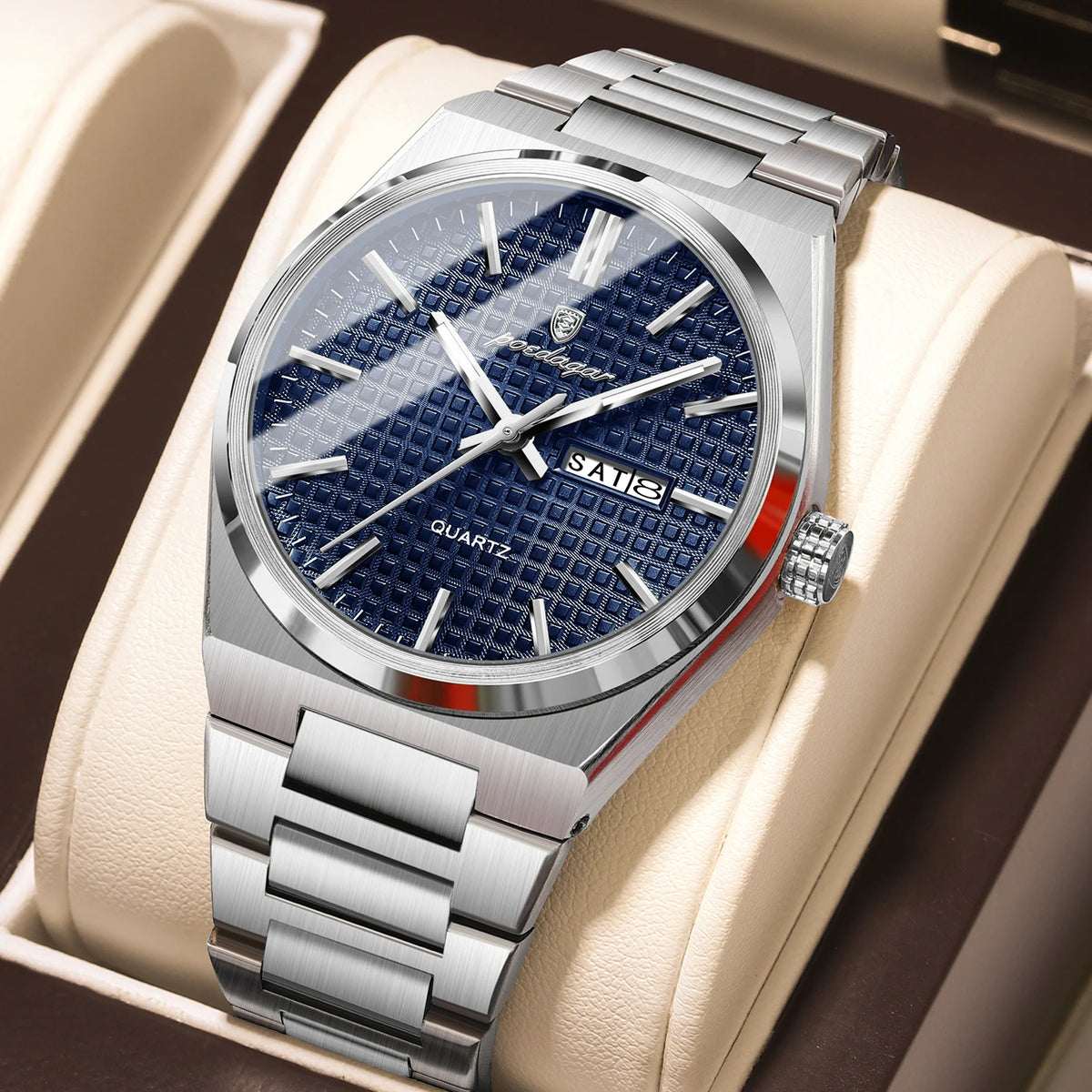 POEDAGAR luxury men’s wristwatch, water-resistant, luminous, stainless steel, with date and day of the week, quartz movement, business style.