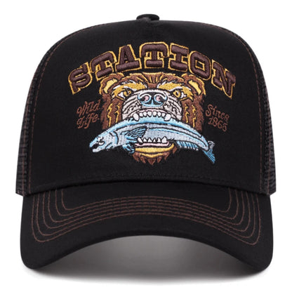 2025 New Bear Eating Fish Street Dance Hip Hop Hat Truck Hat Outdoor Skateboarding Hat Sunshade Baseball Hat Breathable Mesh Hat