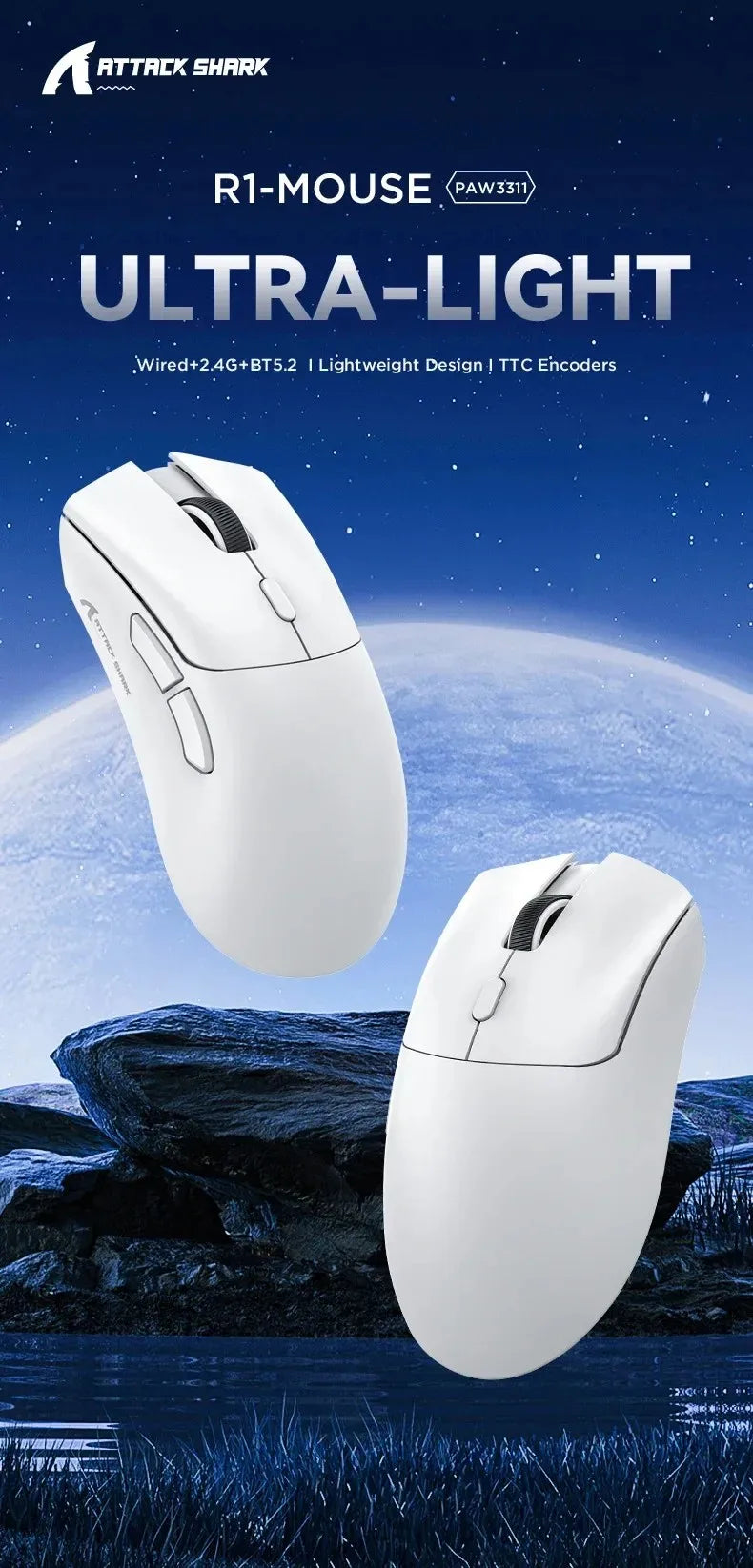 ATTACK SHARK R1 59g Ultra-Light Mouse with PAW3311, 18000 DPI, 400 IPS, 40G, 1000Hz, Tri-Mode, Broadcom BK3633 Master, 20 Million Times