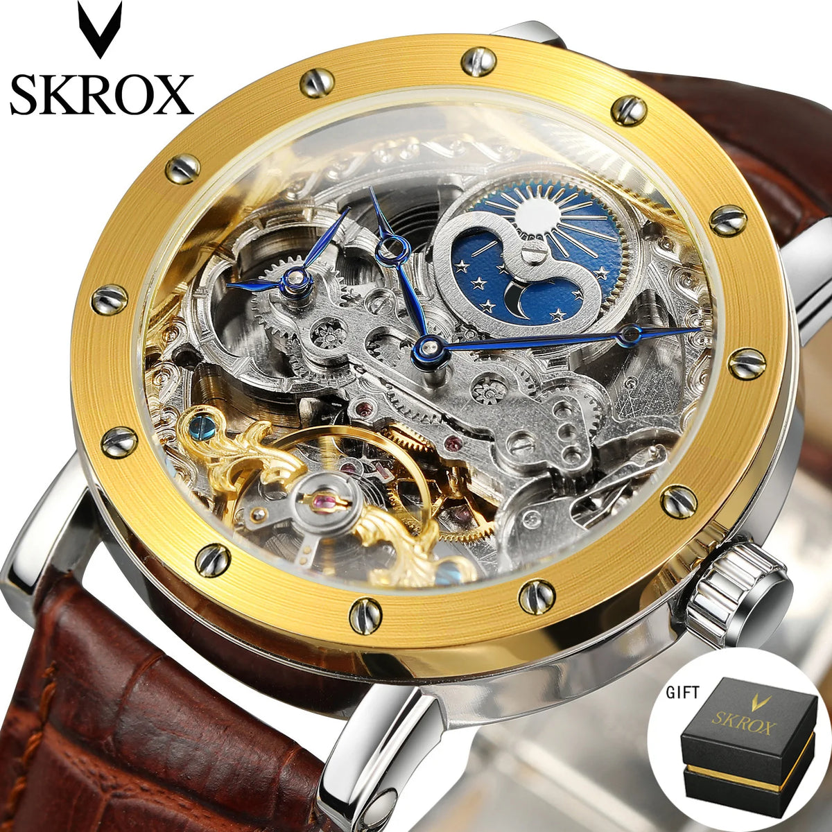 SKROX automatisch mechanisch polshorloge voor heren, skeletmodel met GMT-functie, maanfase en tourbillon – Elegant en origineel luxe horloge uit het topsegment.