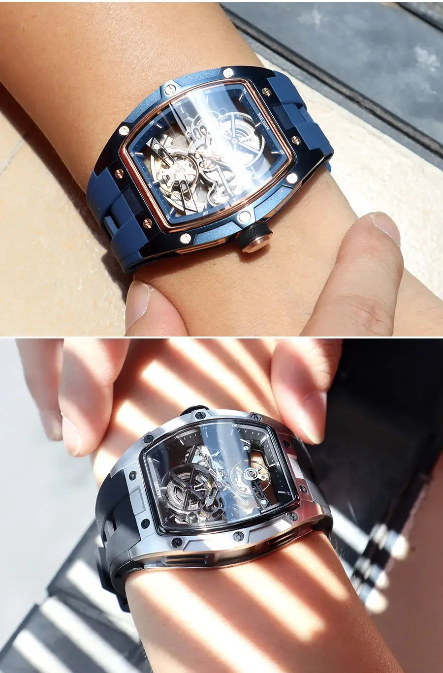Relógio de pulso automático MEGIR para homem, com bracelete em silicone preto, impermeável, luminoso, desportivo e mecânico, com mostrador tonneau 2242