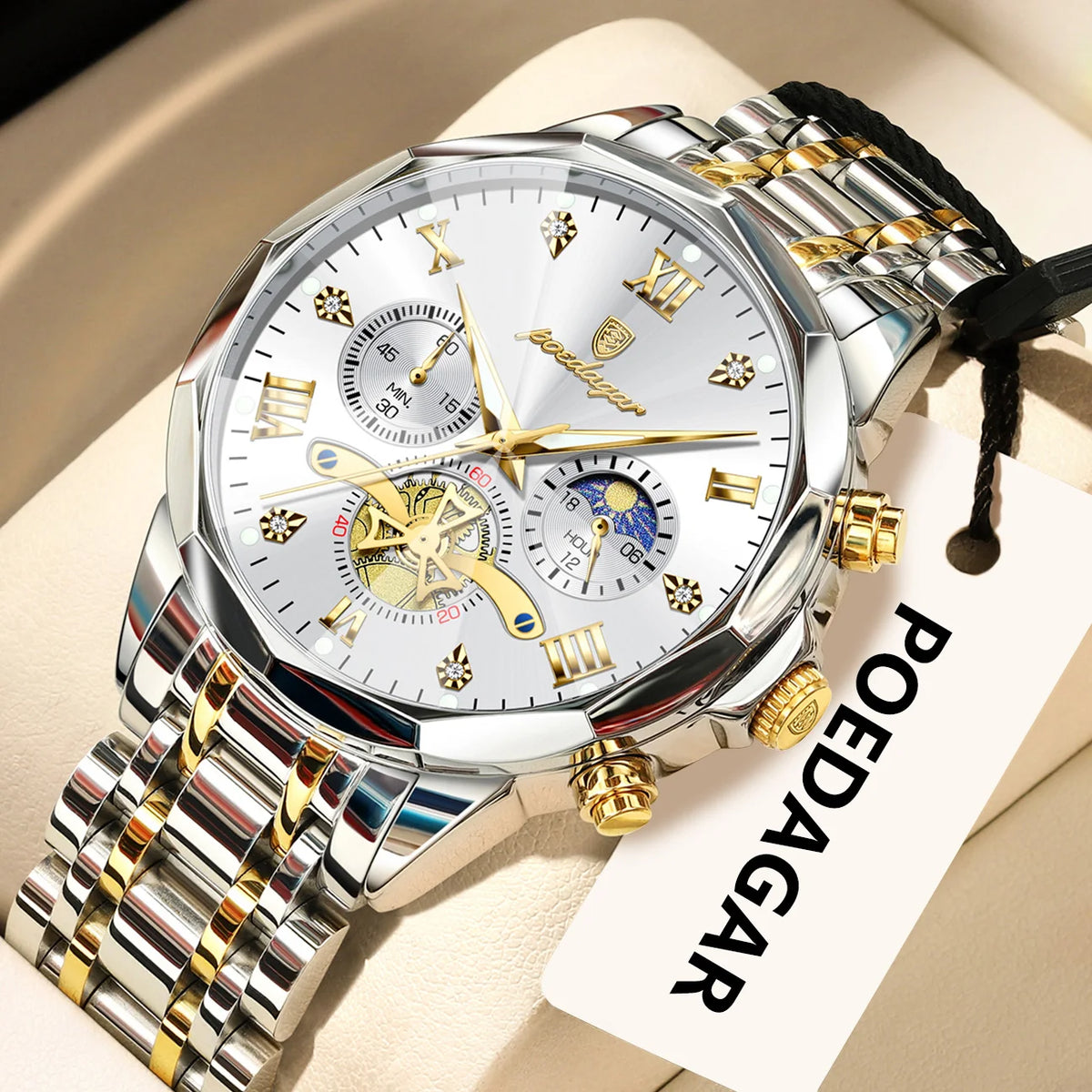 Original luxury POEDAGAR men’s watch, water-resistant, luminous chronograph, stainless steel quartz wristwatch, high-end men’s watches