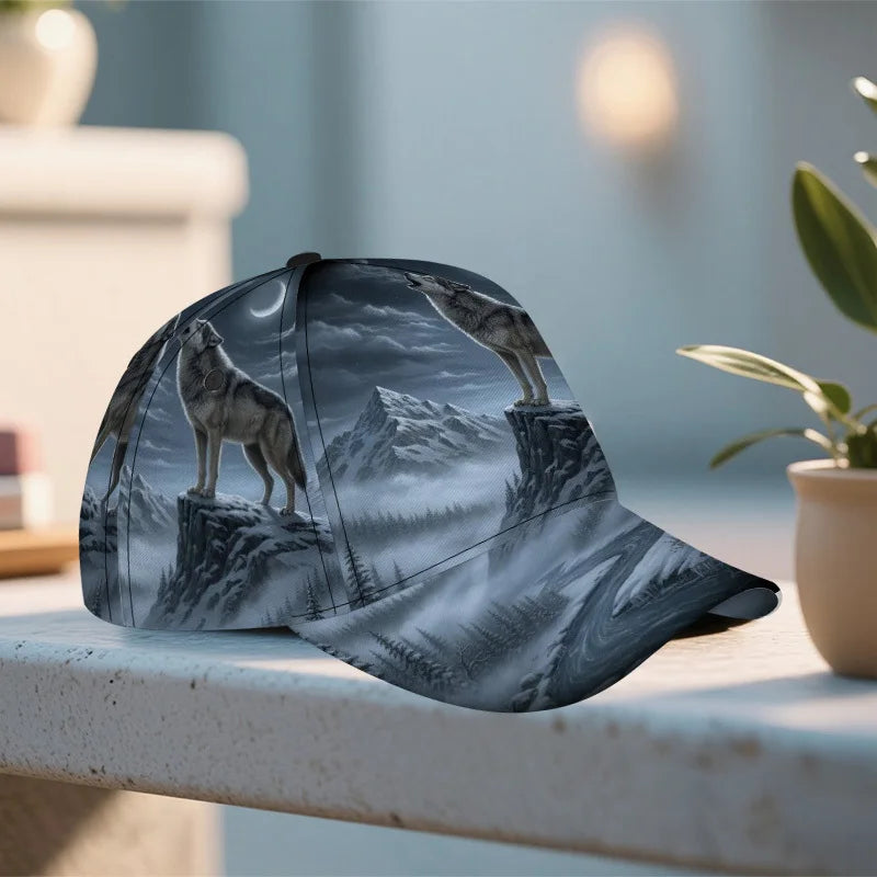 Boné clássico com estampado de lobo a uivar à lua, confortável e ajustável, com pala curva, ideal para uso diário e perfeito para a família