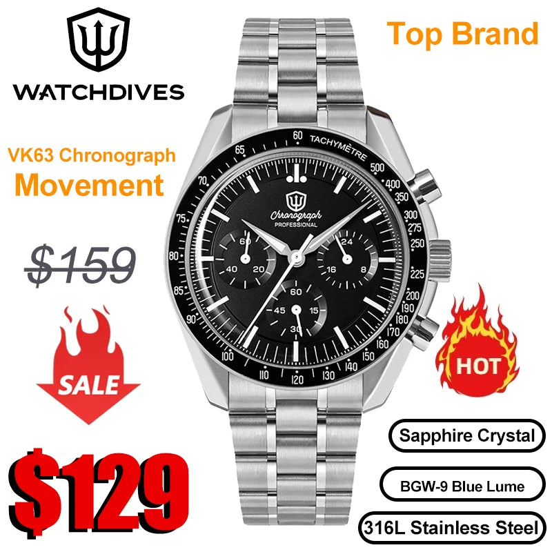 Watchdives New Wd1863 Quarz-Herrenuhr VK63 Chronograph Bubble-Saphirglas Wasserdicht 39Mm Stahl Top-Marke Luxus-Business-Uhr