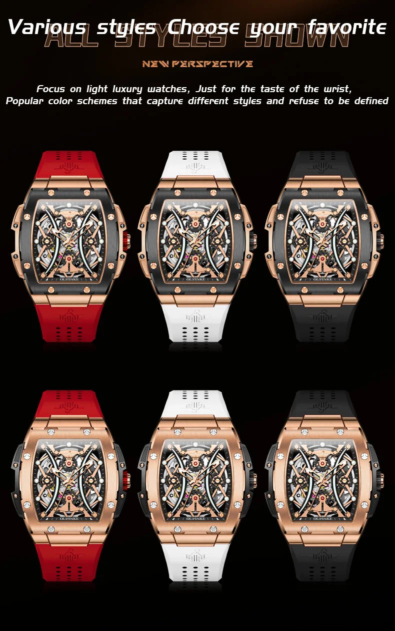 Relógio masculino OUPINKE clássico de luxo com mostrador tonneau, marca de topo, original, automático mecânico, bracelete em silicone e vidro de safira, novo