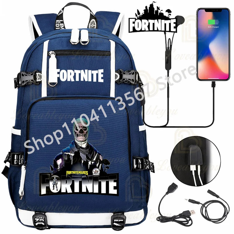 Ultima Knight F-Fortnited Battle Royale Rucksack mit USB-Ladeanschluss, Anime-Figuren und Studienfach für Schreibwaren für Schüler