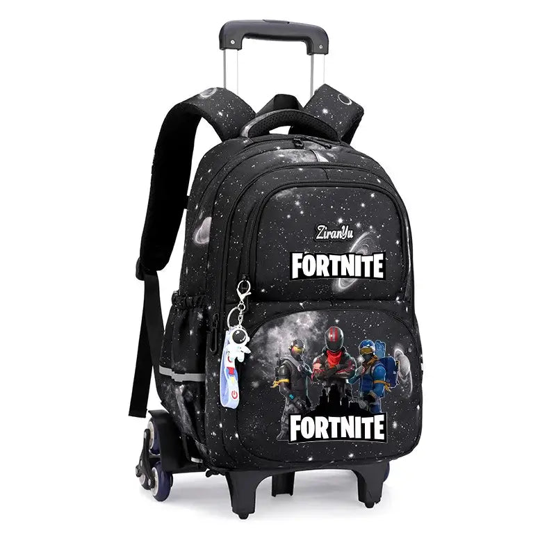 Mochila com Rodas Fortnite Anime, Impermeável, de Grande Capacidade, para Estudante — Saco Escolar Casual de Viagem com Carrinho e Subida Fácil de Escadas