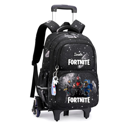 Mochila com Rodas Fortnite Anime, Impermeável, de Grande Capacidade, para Estudante — Saco Escolar Casual de Viagem com Carrinho e Subida Fácil de Escadas