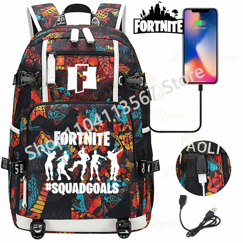 Mochila Yule Trooper F-Fortnited Battle Royale com carregamento USB, figuras anime e compartimento para material escolar para estudantes