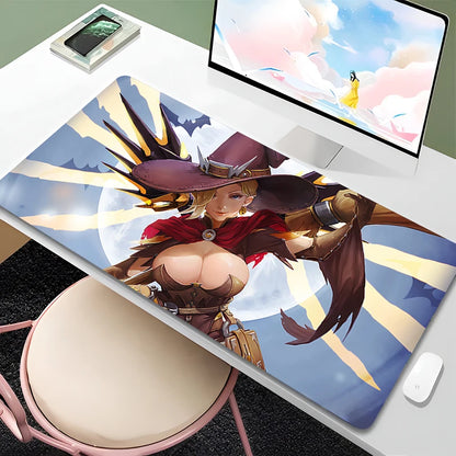 Overwatch Mercy Mauspad PC Gamer Cabinet Kawaii Mousepad XXL Sexy Anime Girl Tastaturunterlage Laptop-Gaming-Zubehör Schreibtischmatte