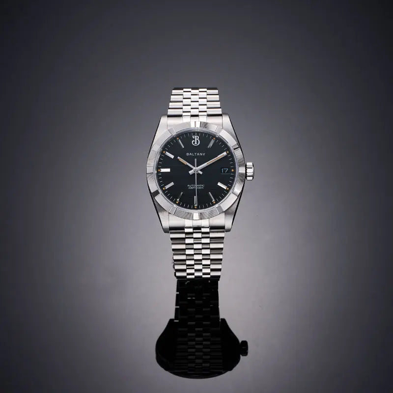 Baltany S4102 Business Men's Automatic Mechanical Wristwatch 36mm Linen Dial Engine Turned Bezel NH35 Luxury Dress Watch