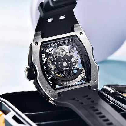 Novo Relógio de Pulso Masculino PAGANI DESIGN PDYS018 Automático Mecânico, Fashion Casual Skeleton, Safira e Aço Inoxidável