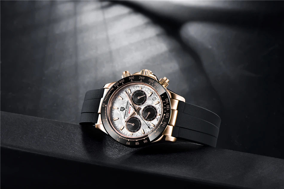 PAGANI DESIGN V2 40MM Herrenuhr mit Meteorit-Zifferblatt, Quarzwerk, Saphirglas, Retro-Chronograph, wasserdichte Uhr für Herren