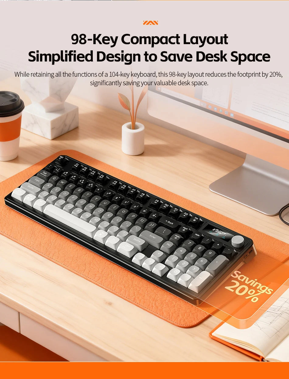 98 key Wireless Keyboard Knob Control BT/2.4g/Wired, RGB LED Backlight Display, 2000mA Battery for PC/Laptop