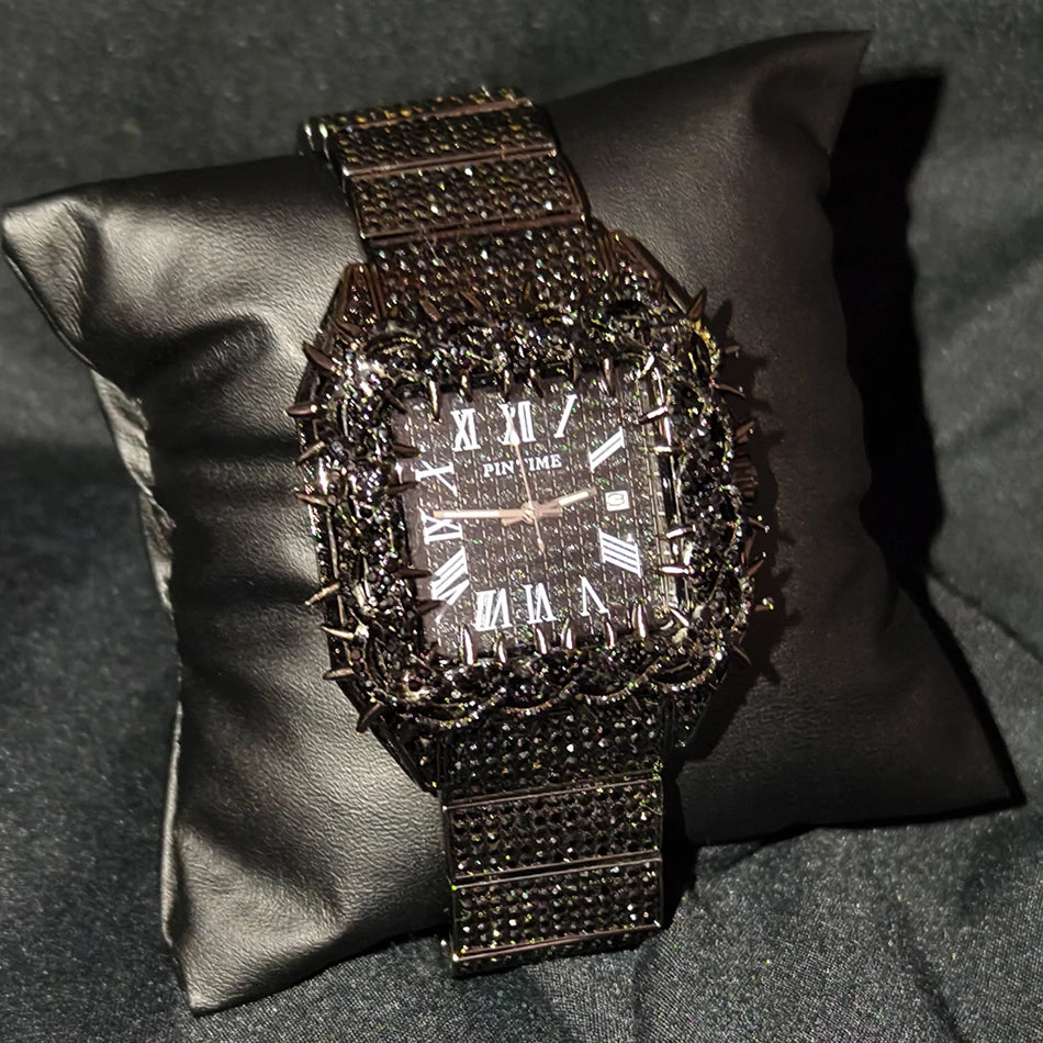 Shine Luxury Hip-Hop Diamond Watch with Emeralds for Men Replica Czech Stone Inlaid Waterproof Gold Watch שעוני יוקרה