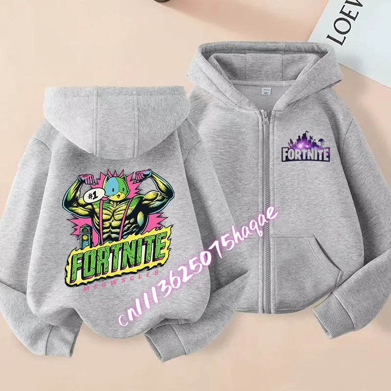 Neue Fortnite-Kapuzenjacke für Kinder im Herbst, mit Cartoon-Spielcharakter-Print, Reißverschluss, Winterjacke für Jungen