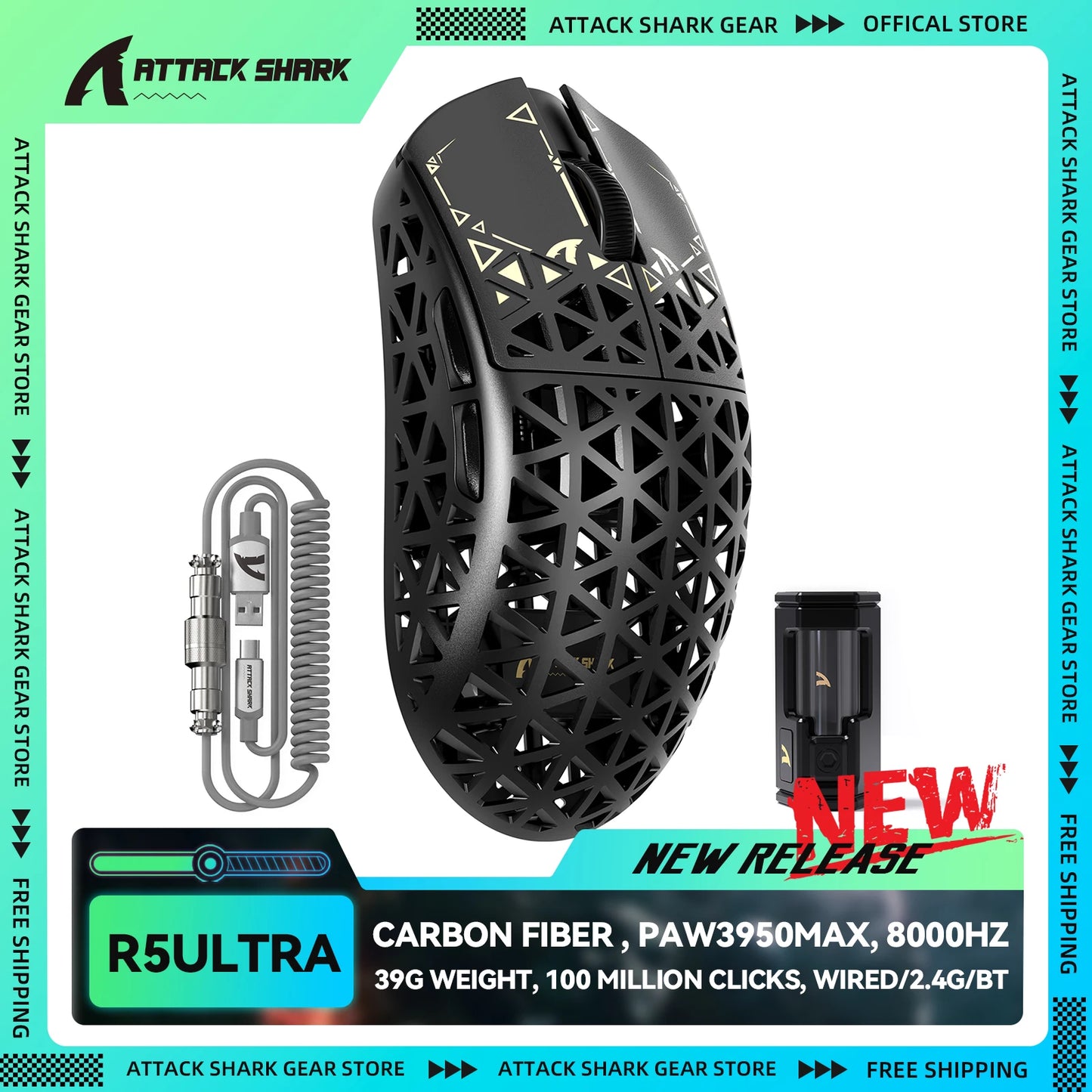 Ratón gaming inalámbrico ATTACK SHARK R5Ultra de fibra de carbono 8K PAW3950MAX con cable enrollado 8K
