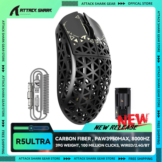 ATTACK SHARK R5Ultra Carbon Fiber Wireless 8K PAW3950MAX Gaming Mouse with 8K Coiled Cable