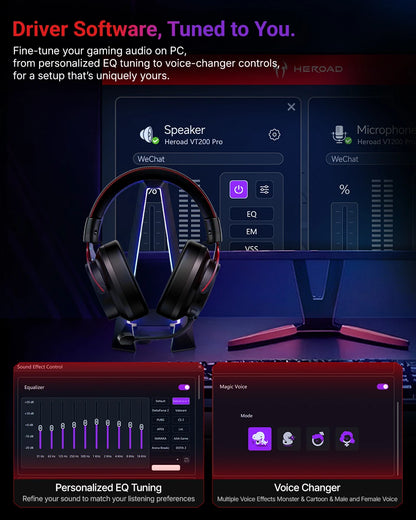 QCY Casque Gamer Sans Fil Heroad VT200 avec Microphone Détachable, Casque Over-Ear, Connexion Tri-Mode, Son Surround 7.1 pour PC, PS4 et PS5