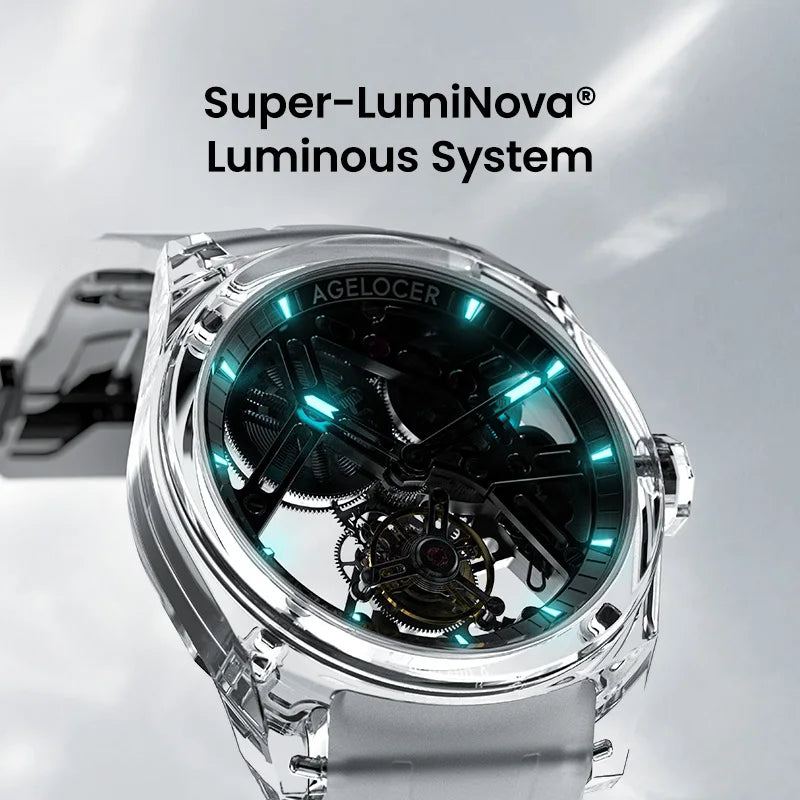 Orologio AGELOCER Limited Edition “Ice Never Melts” con tourbillon in cristallo a spirale libera, orologio meccanico manuale di lusso