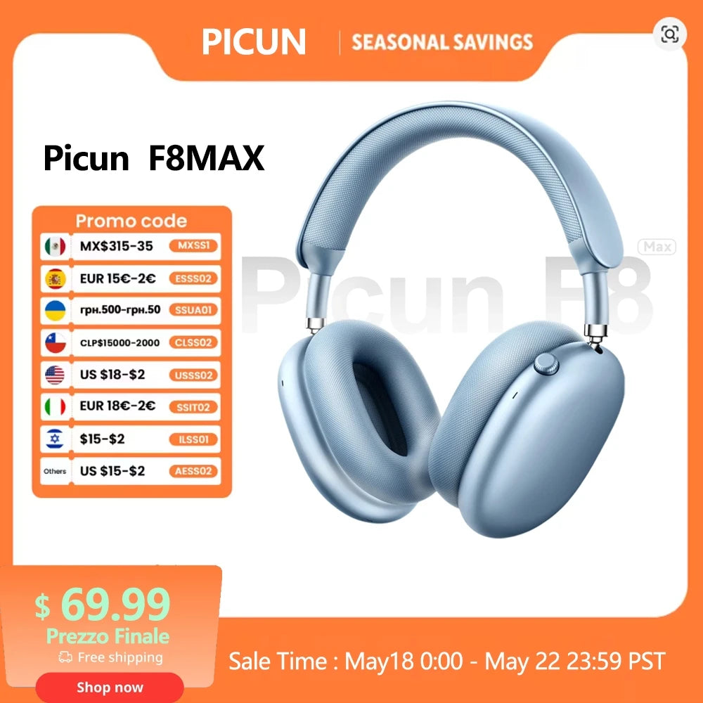 Auscultadores Sem Fios Picun F8MAX ANC com Cancelamento Ativo de Ruído Híbrido de 59dB, Áudio Espacial, Bluetooth 6.0, Over Ear, 180H