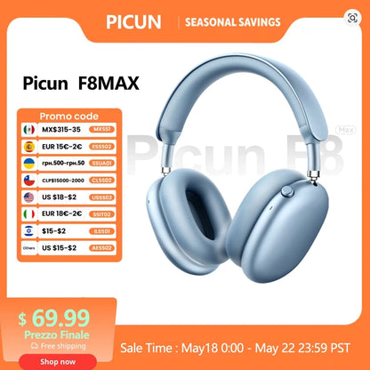 Auscultadores Sem Fios Picun F8MAX ANC com Cancelamento Ativo de Ruído Híbrido de 59dB, Áudio Espacial, Bluetooth 6.0, Over Ear, 180H