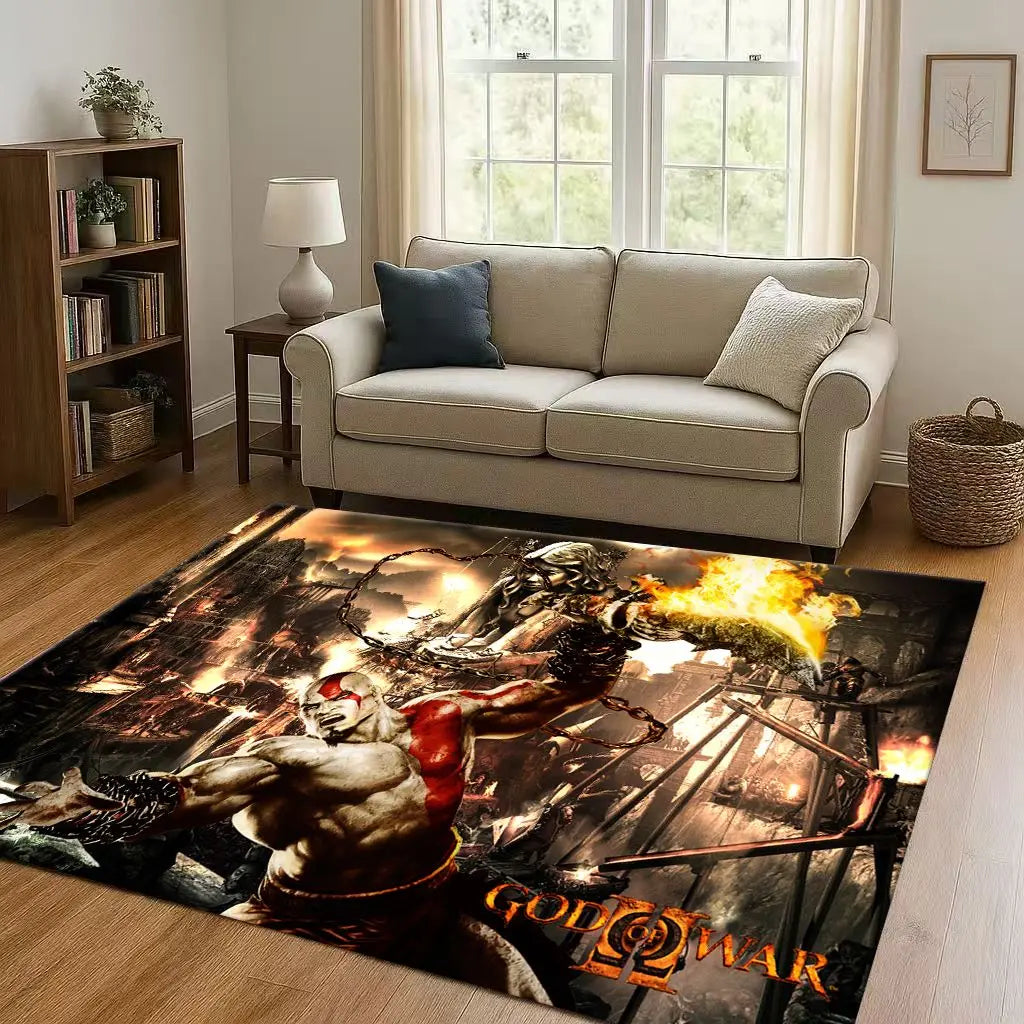 Game God of War Kratos Cartoon Gamer Living Room Non-Slip Area Rug Soft Carpet for Bedroom Playroom Sofa,Easy Clean Home Doormat