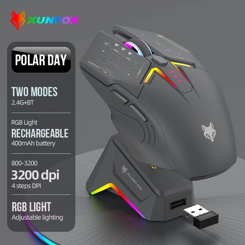 Rato XUNSVFOX H2 sem fios Bluetooth de modo duplo, iluminação RGB, para portátil, gaming e escritório, com carregamento magnético