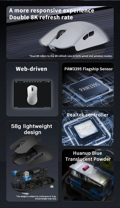 Motospeed Darmoshark M3 V2 Double 8K Gaming Mouse Bluetooth Wireless 26K DPI PAW3395 Sensor Macro Game Mouse For Laptop PC