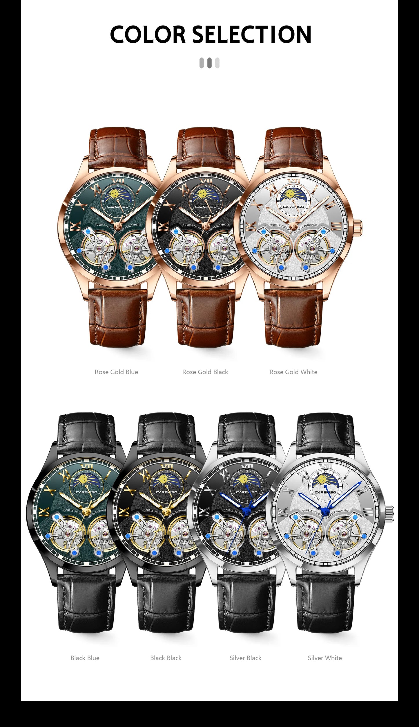 CAREKISO Fashion Men's Clock Double Hollow Tourbillon Automatic Mechanical Man Watch Waterproof Luminous Leather Men's Watches+Box