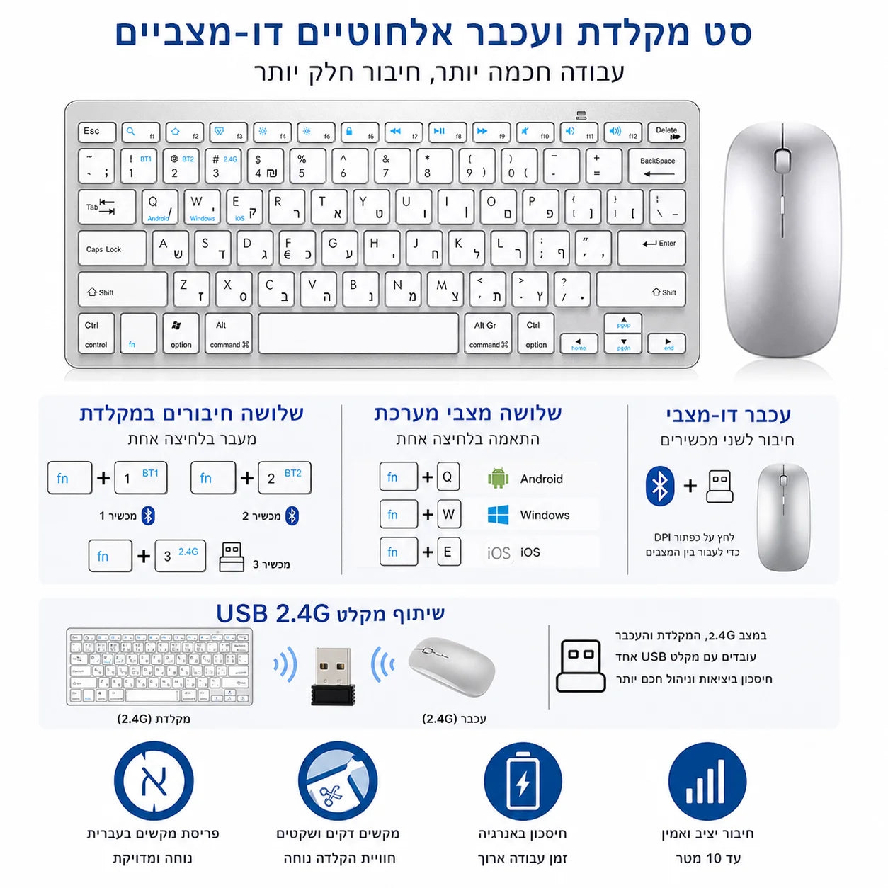 Tastiera ebraica ultra sottile Bluetooth e 2.4G Dual Mode Israel, tastiera wireless a bassa rumorosità per iOS, iPad, tablet Android e Windows
