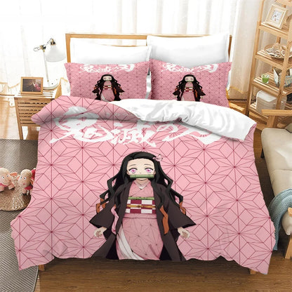 Nezuko Kamado patalynės komplektas, anime „Demon Slayer“ antklodės užvalkalas, patalynė, Single Twin Full Queen dydžiai, 3D dovana vaikams, mergaitėms ir berniukams