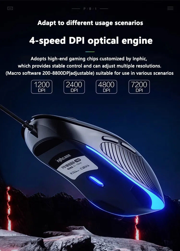 Mouse cablato USB INPHIC B1 silenzioso da ufficio e gaming per PC e laptop