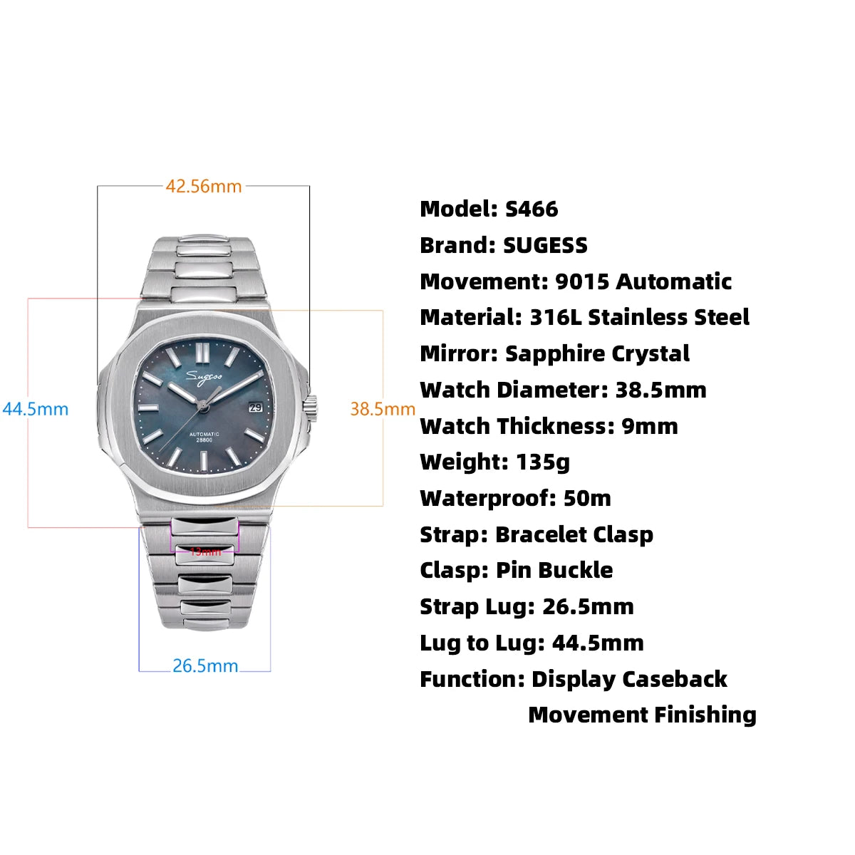 Sugess Herrenuhr, automatische mechanische Armbanduhr, Miyota 9015 Uhrwerk, MOP-Zifferblatt, Leuchtfunktion, wasserdicht bis 5bar, Luxus-Armband S466