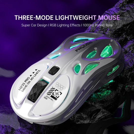 Rato Gaming Sem Fios 2.4G Trimodo RGB, Design Oco Leve com Iluminação Chroma, Com Fios/Bluetooth, Rato E-Sports Controlador