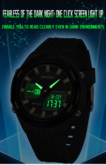 Fashion SANDA 6267 Men's Electronic Watch Multifunctional Operation Night light waterproof Dual Display Student Electronic Watch