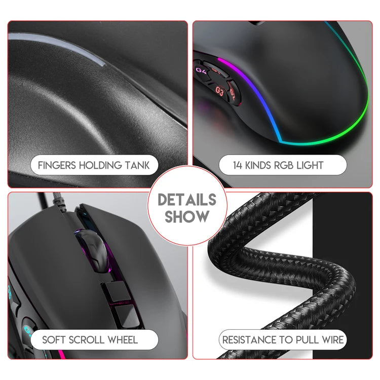 Kabelgebundene Gaming-Office-Maus 7200DPI mit RGB-Hintergrundbeleuchtung, 6 einstellbaren DPI-Stufen/10 programmierbaren Tasten/Zurück-zum-Desktop-Taste