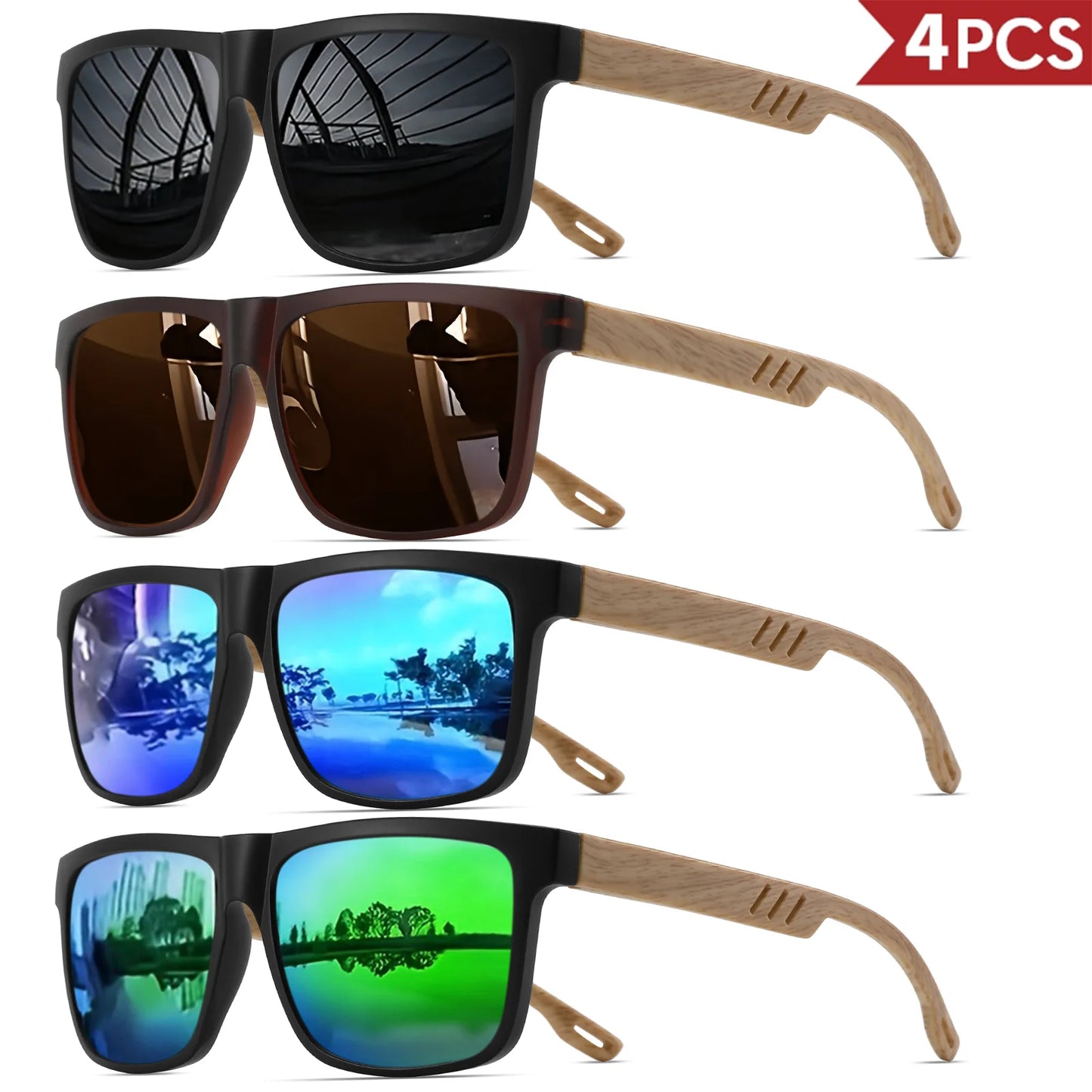 4PCS Wood Grain Spring Hinge Sunglasses - Classic Retro Square Frame, UV400 Unisex Comfort Fit for Daily Casual Wear