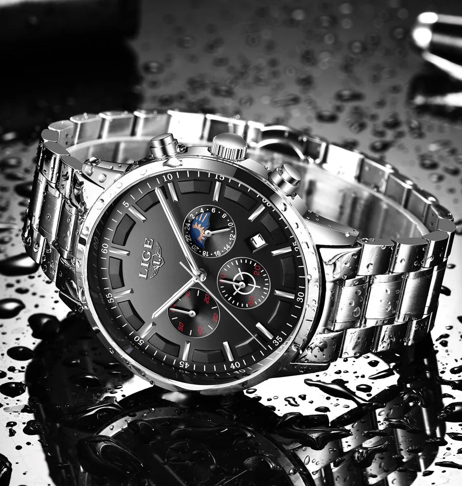 Montre pour homme LIGE – Chronographe à quartz de luxe, étanche (3 bars), avec aiguilles luminescentes – Idée cadeau (boîte incluse)