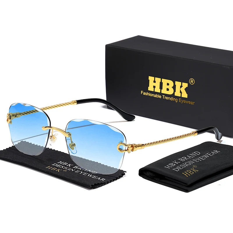 HBK Frameless Metal Sunglasses Men Wave Cutting Sun Glasses for Women Travel Shopping Shades Eyeglass UV400 Summer Style