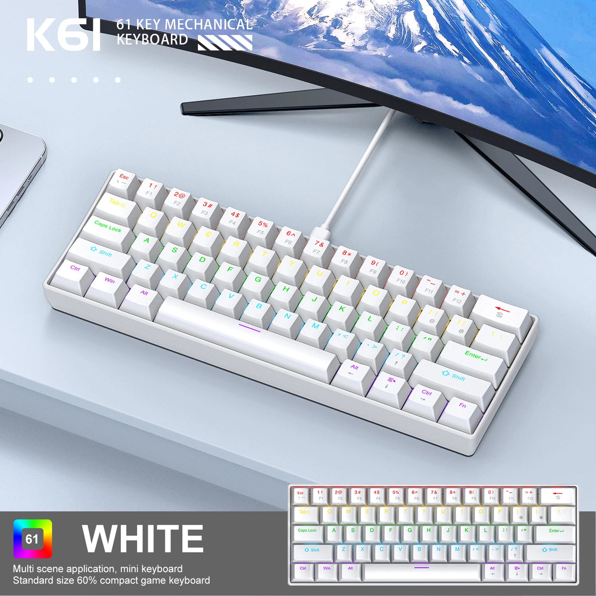 APAYADO K61 60% Μίνι Ενσύρματο Μηχανικό Πληκτρολόγιο Gaming Phantom RGB, 61 Πλήκτρα, Κόκκινοι/Μπλε Διακόπτες, Εργονομικό, Φορητό για PC/Laptop