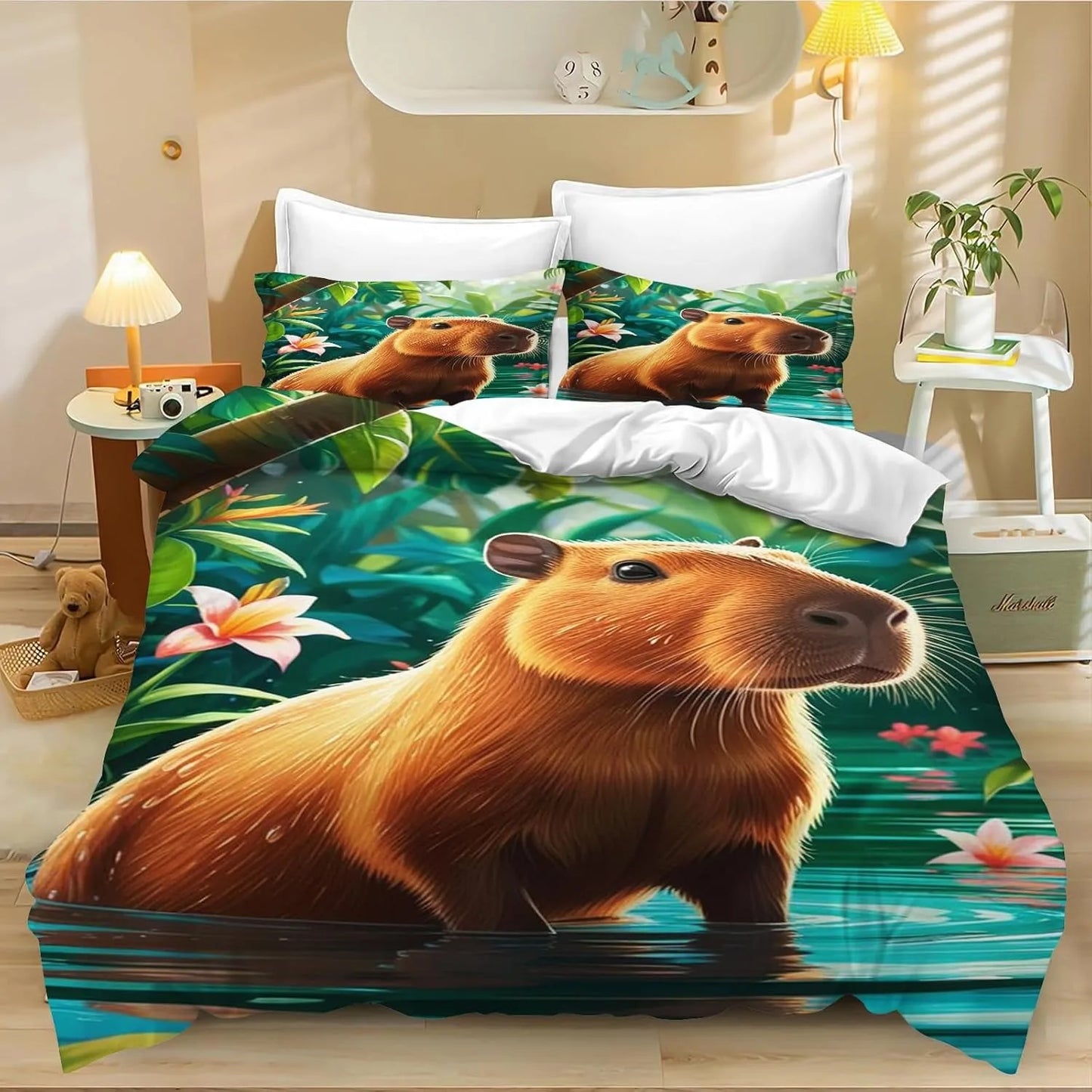 4-teiliges Cartoon-Capybara-Bettwäsche-Set mit Bettbezug und Kissenbezug, Capybara-Bettwäsche für Erwachsene, Jungen und Mädchen, Schlafzimmerdekoration für Kinder, Einzel- und Doppelgröße