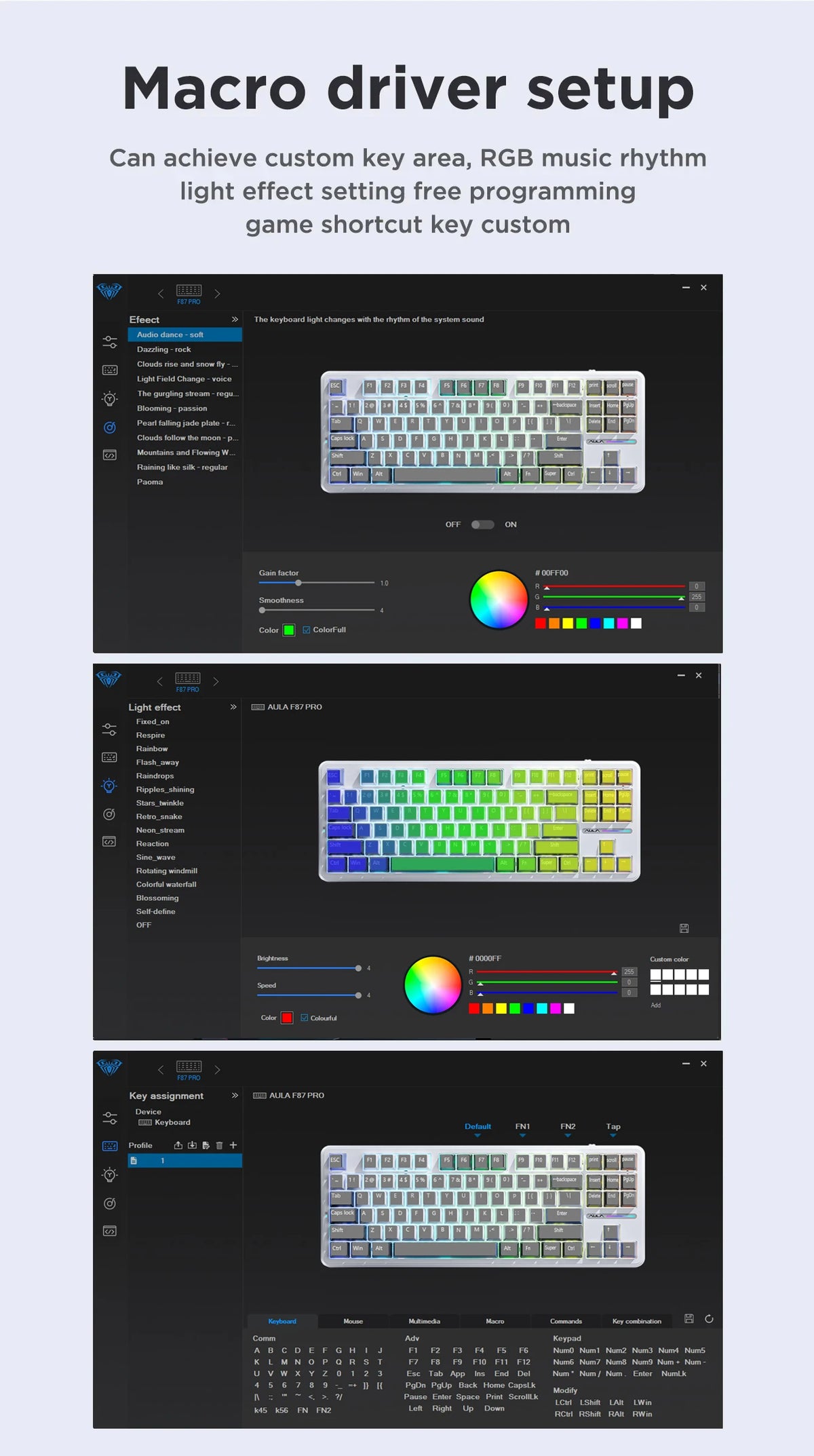 Tastiera meccanica AULA F87 Pro 2.4g/USB/Bluetooth Tri-Mode wireless, 87 tasti, RGB, PBT, gasket, silenziamento a 5 strati, full key, senza impatto