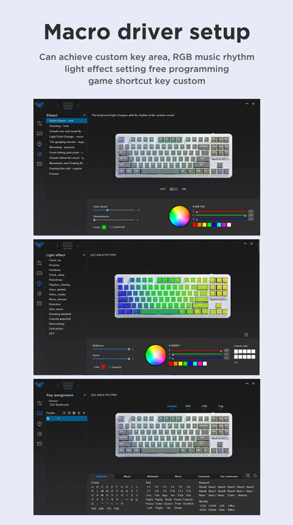 Tastiera meccanica AULA F87 Pro 2.4g/USB/Bluetooth Tri-Mode wireless, 87 tasti, RGB, PBT, gasket, silenziamento a 5 strati, full key, senza impatto