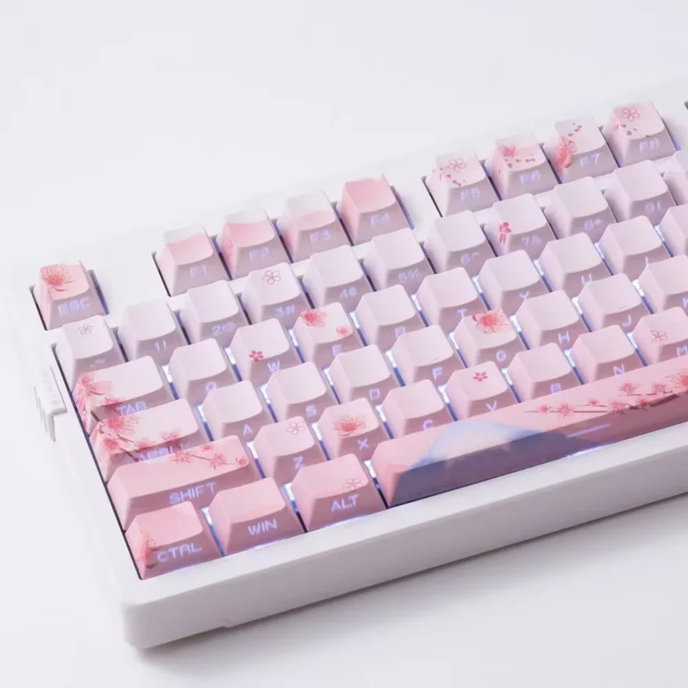 Set di keycap Sakura Pink con incisione laterale, PBT traslucido, 127 tasti, per switch MX e tastiere meccaniche 60/84/90/104/108