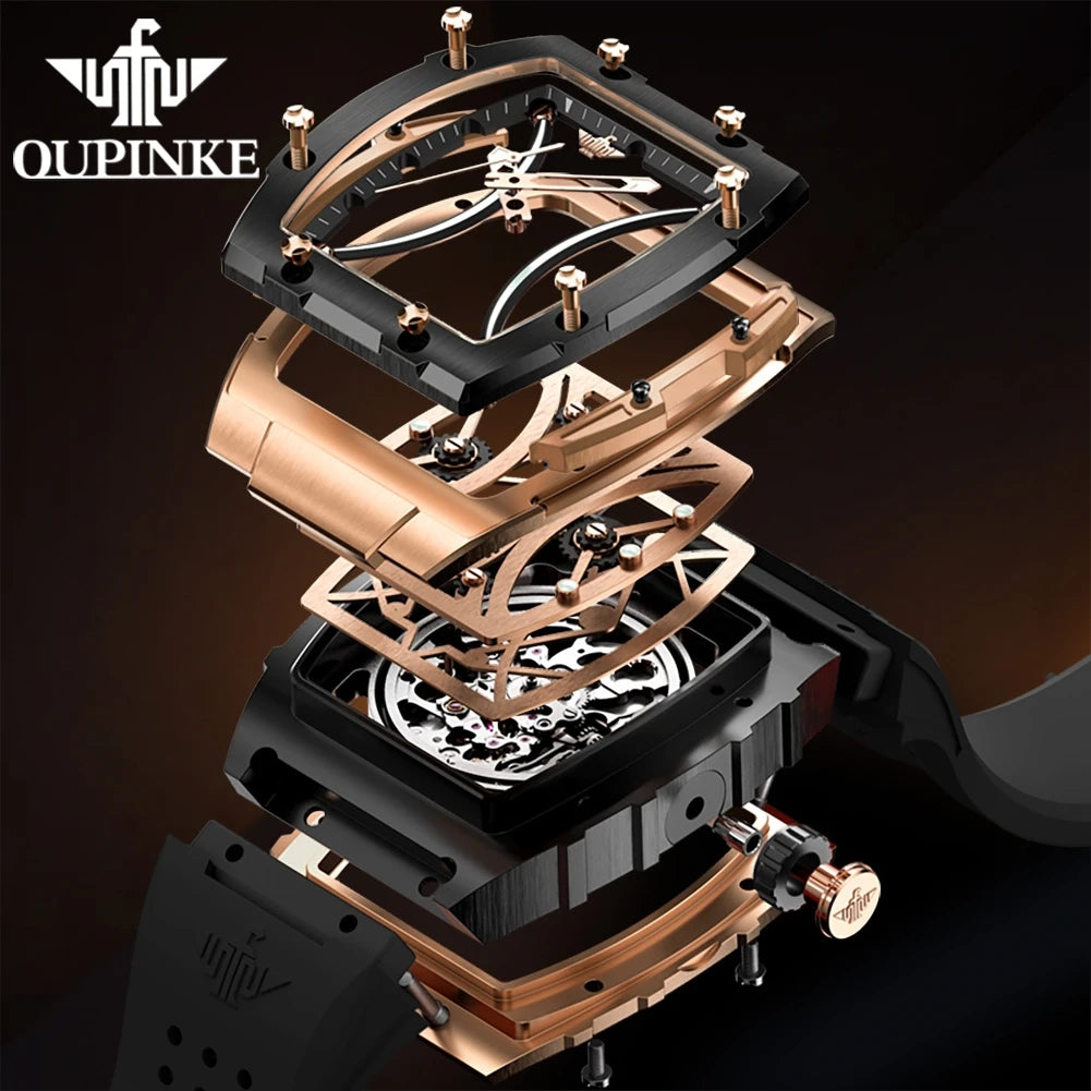 Relógio masculino OUPINKE clássico de luxo com mostrador tonneau, marca de topo, original, automático mecânico, bracelete em silicone e vidro de safira, novo