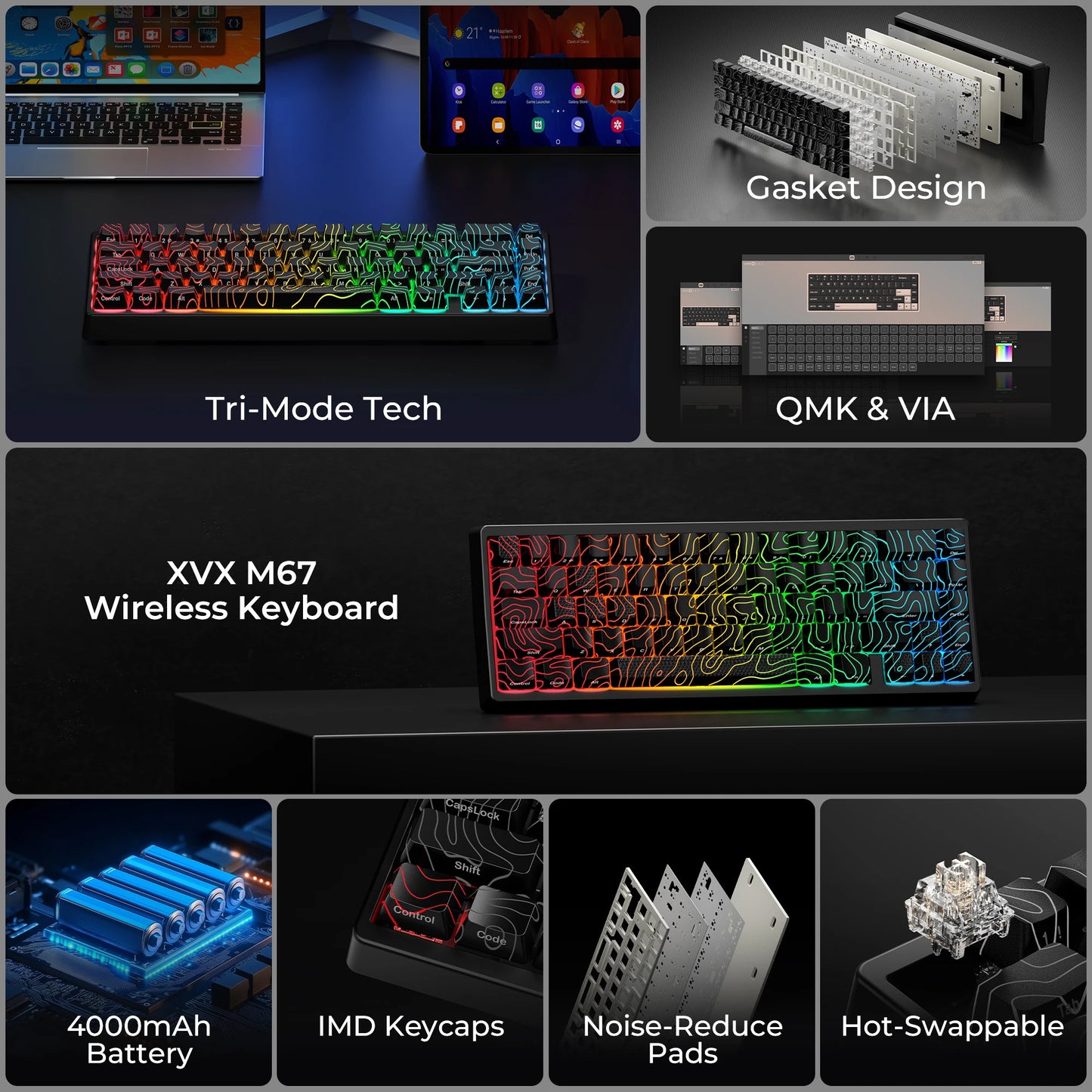 Teclado mecânico XVX M67 JadeStone com teclas IMD-Tech, hot-swappable, gasket, tri-mode, RGB personalizado, sem fios, 65%