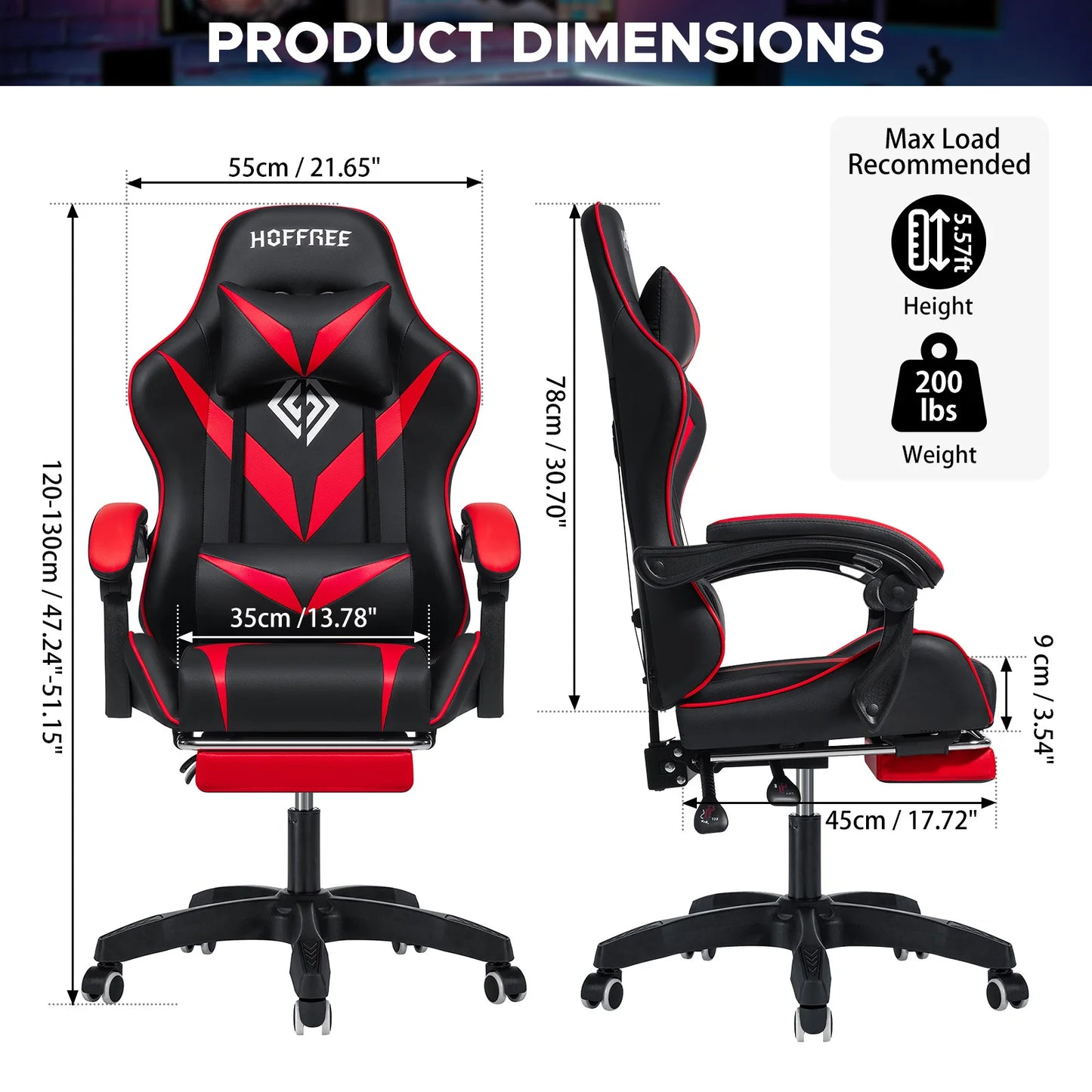 200Lbs Load Gaming Chair with Massage Ergonomic Computer Chair Footrest and Lumbar Support Reclining PC Chair Adjustable Armrest