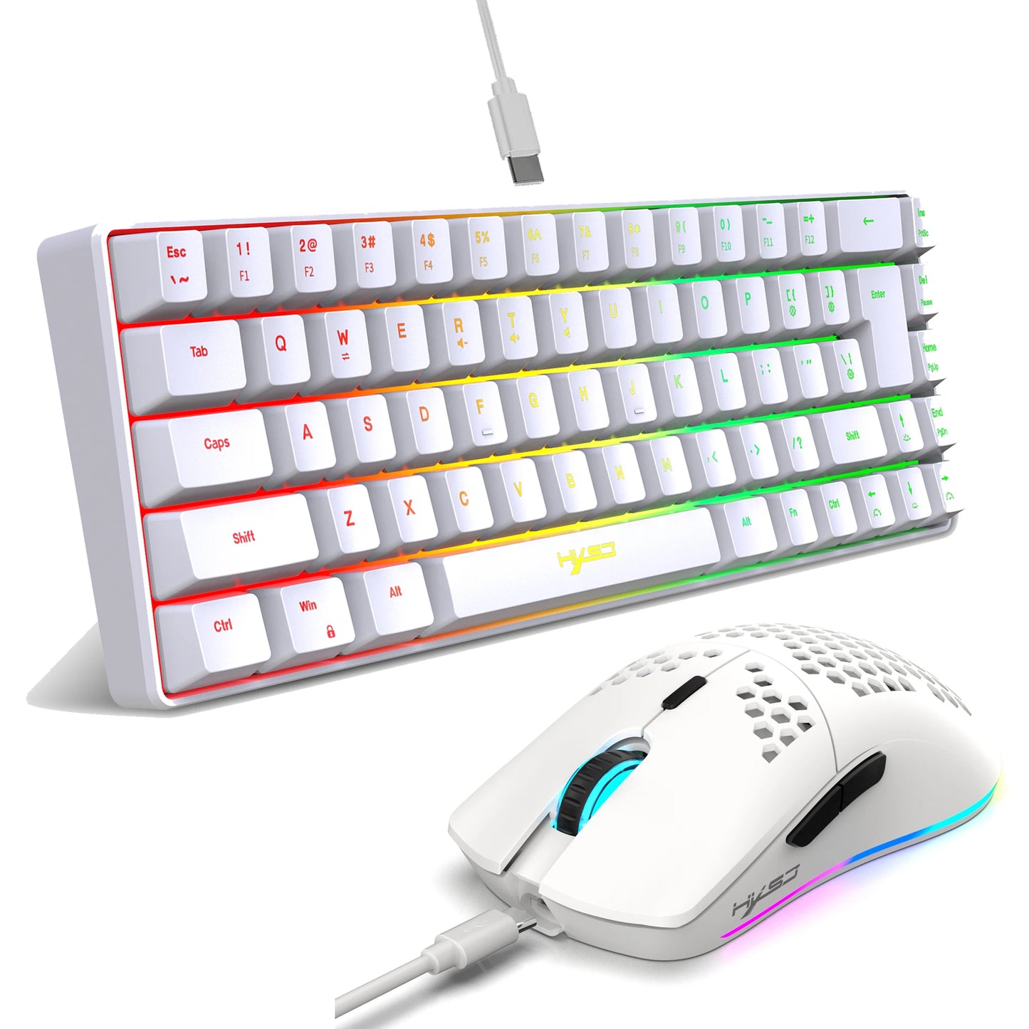 Set gaming portatile HXSJ 60% RGB con tastiera e mouse, tastiera a membrana cablata 68 tasti e mouse wireless leggero a 3 modalità per PC Mac