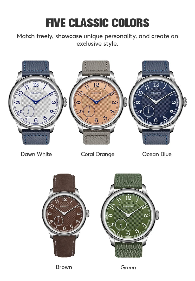 Relógio masculino FARASUTE NEW Machinery com mostrador salmão, movimento mecânico manual ST17, pequeno segundeiro e bracelete Bonklip vintage